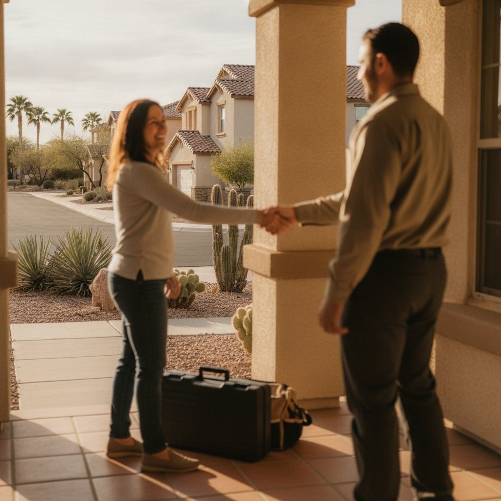 Technician using a thermal-imaging camera during a home energy audit in Arizona